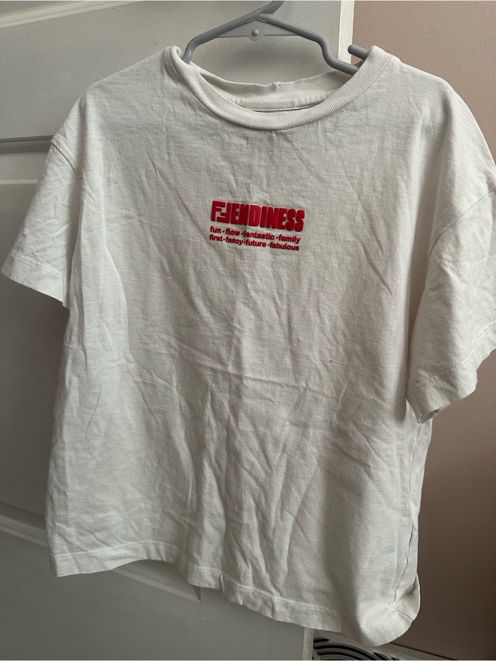 White Graphic Tee with Red 'FENDINESS' Logo